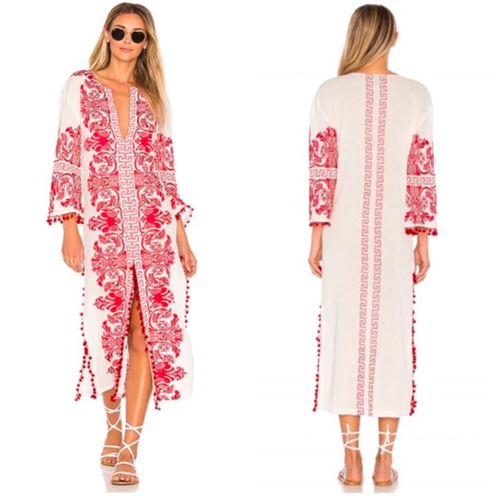 MISA WHITE RED EMBROIDERED SEVA CALIA POM POM TRIM TUNIC MAXI DRESS - Picture 9 of 11
